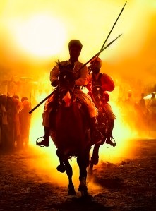 Nihangs on horseback during Hola Mohalla, 2008. Source: Flickr user: Sanzen.